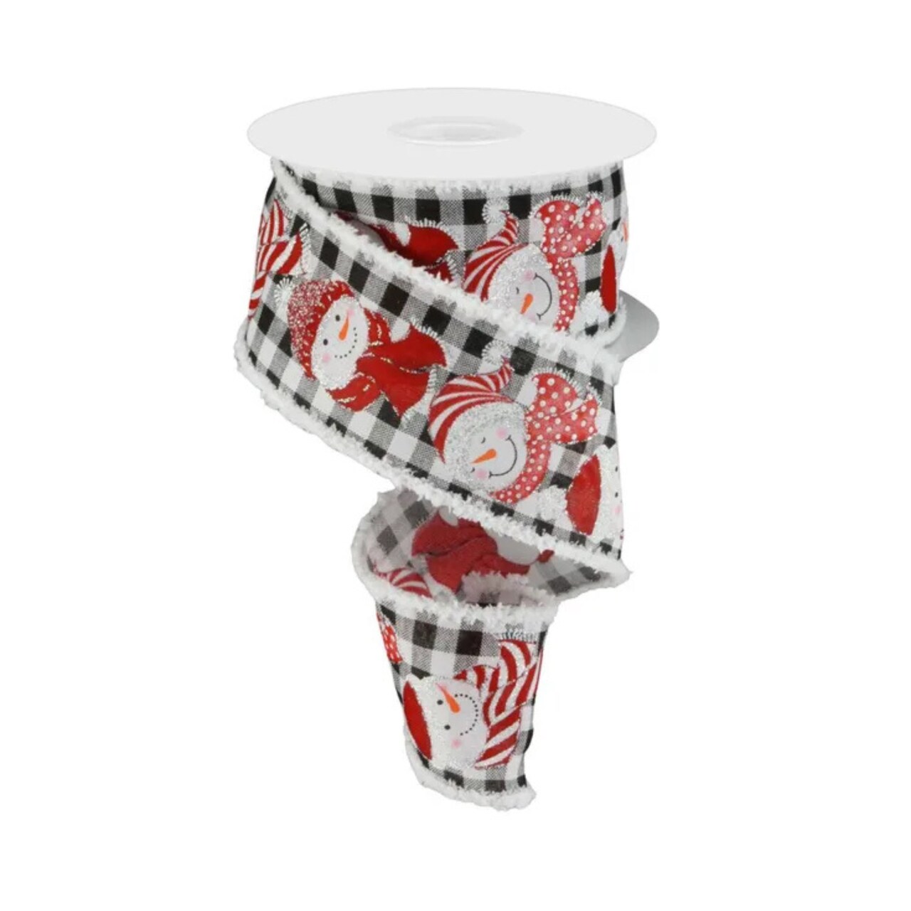 2.5"x10yd Snowman on Black Check Wired Christmas Ribbon with White Drift Edge-RG08891